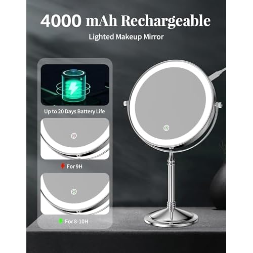DOWRY 4000 mAh Rechargeable Lighted Makeup Mirror 20x Magnification Vanity Mirror Tabletop Two-Sided Swivel Gifts Women Chrome