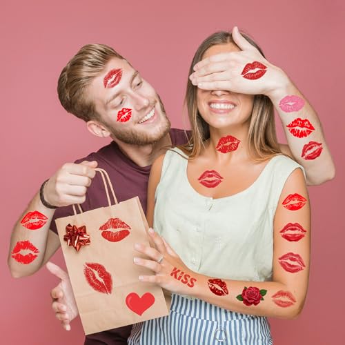 Valentines Lip Temporary Tattoos, Red Pink Lip Print Kiss Face Tattoo Stickers Body Decorations for Girls Kids
