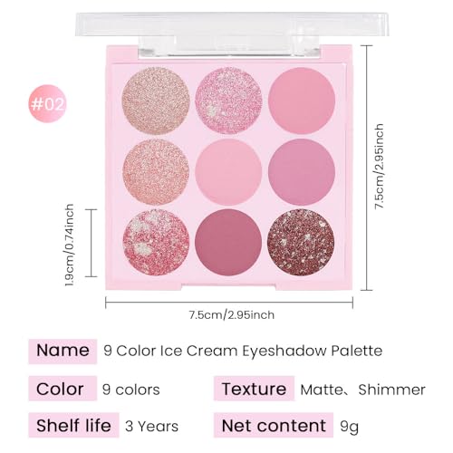 AMY'S DIARY Pink Shimmer Eye Shadow Makeup Palette 9 Colors, Highly Pigmented Matte Glitter Shimmer Pearl Waterproof Party Sparkling Eyeshadow Palette (02#)