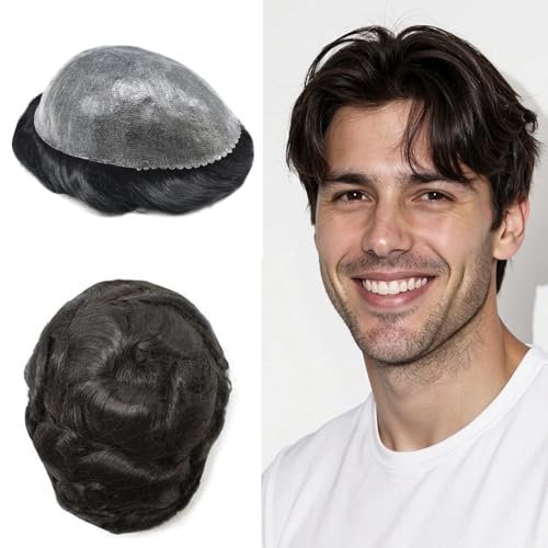RESHE Mens Toupee Real Human Hair Piece for Men 0.12mm Full Poly Thin Skin Toupee Mens Hair Replacement System Injection Pu Natural Hairpiece for Men8*10-#1B Off Black