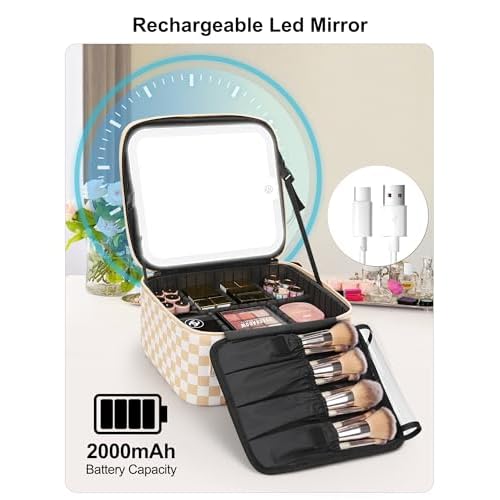 Relavel Travel Makeup Bag With LED Mirror, Cosmetic Train Case with Light up Mirror, Portable Makeup Artist Organizer Bag with Adjustable Dividers, Makeup Brush Holder Storage, Plaid