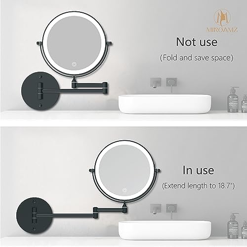 Rechargeable Wall Mounted Lighted Makeup Vanity Mirror 8 Inch Double Sided 1X 10X Magnifying Bathroom Mirror, 3 Color Lighting, Touch Screen Dimming, 360 Rotation Shaving Matte Black