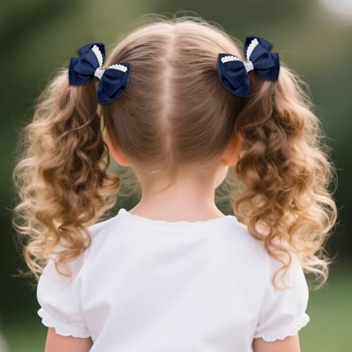 Girl Navy Hair Bow Accessories 14 Pieces Uniform Hair Bows Hair Clips Headband for School Toddler Girls