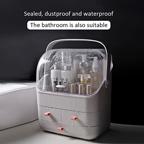 "Makeup Organizer, Dustproof Cosmetic Storage Box with Portable Handle & Fully Open Waterproof Lid for Bathroom Countertop Bedroom Dresser(White)"