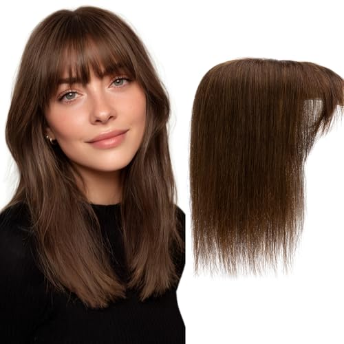 Hair Toppers for Women Real Human Hair 18 Inch Long Straight Toppers for Women with Thinning 7 * 13CM Silk Base Clip in Hairpieces with Bangs (Medium Brown)