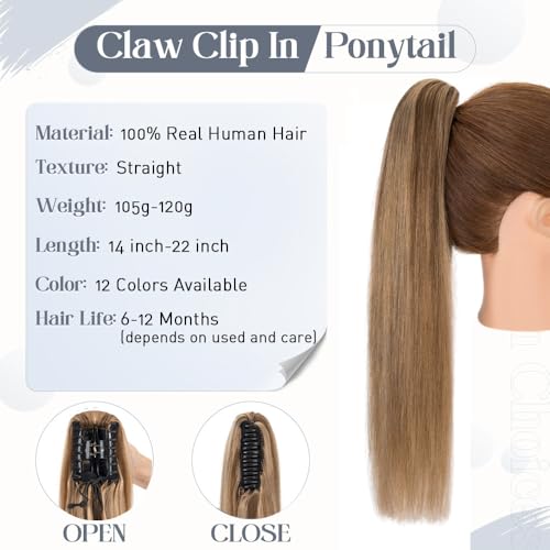 Rich Choices Claw Clip Ponytail Extension Real Human Hair One Piece Clip In Remy Long Ponytail Hair Extension For Women Human Pony tail#4P27 Medium Brown Highlighted Dark Blonde 22 Inch