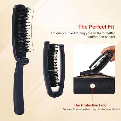 PERFEHAIR Travel Folding Boar Bristle Hair Brush, Mini Compact Portable Pocket Purse Brush for Thin Fine Short Hair, Small Foldable Travel Size Hairbrush for Men & Women Wet Dry Hair