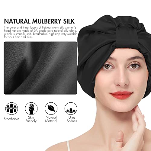 22 Momme 100% Mulberry Silk Hair Wrap for Sleeping, Both Sides Silk Bonnet for Women Hair Care, Black
