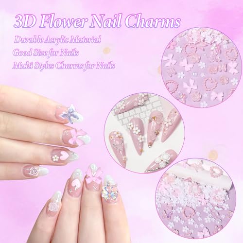 1000 Pcs White Flower Nail Charms, 3D Tiny Flowers Charms for Acrylic Nails Mixed Pink Bows Butterfly Petal Nail Art Charms, Caviar Beads and Half Nail Pearls for Manicure Nail Accessories