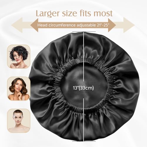 YFONG Double Layered 100% Silk Bonnet for Sleeping Women, 22 Momme Pure Mulberry Silk Sleep Shower Cap with Adjustable Elastic Band Stay On Head£¬Reduce Frizz, Keep Hairstyle, Black, L