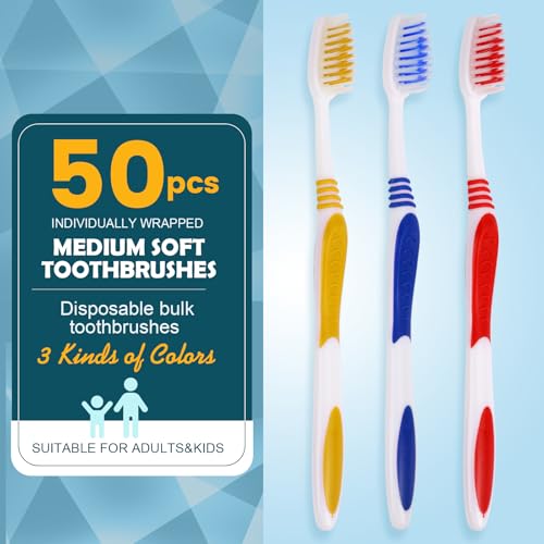 Navona 50 PCS Individually Wrapped Bulk Toothbrush Pack, Disposable Toothbrush, Toothbrushes Bulk for Adults, Kids Toothbrushes, Soft Bristle, Ergonomics Handle, Perfect for Travel, Hotel, Donation