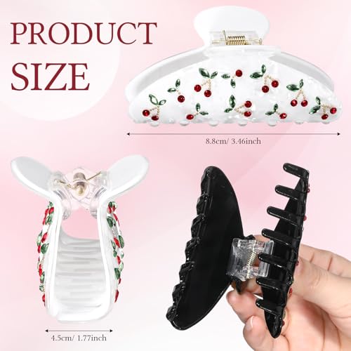 2 PC Acrylic Hair Clips Claws for Women with Rhinestone Red Cherry Claw Clip Cute Aesthetic Hair Fix Hair Clips Birthday Day Gifts for Women (White, Black)