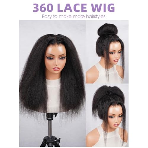 Kinky Straight Invisi Drawstring Glueless HD Full 360 Lace Front Wigs Human Hair Flexible Fit Wear and Go Glueless Wigs Human Hair Pre Cut Pre Plucked Pre Bleached Wigs for Black Women 18 Inch