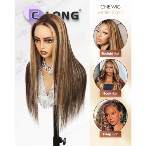CLong Highlight Ombre Lace Front Wig Human Hair, 13x4 Straight 4/27 Honey Blonde HD Lace Front Wig Pre Plucked 200% Density Colored Lace Front Wigs for Black Women 26Inch