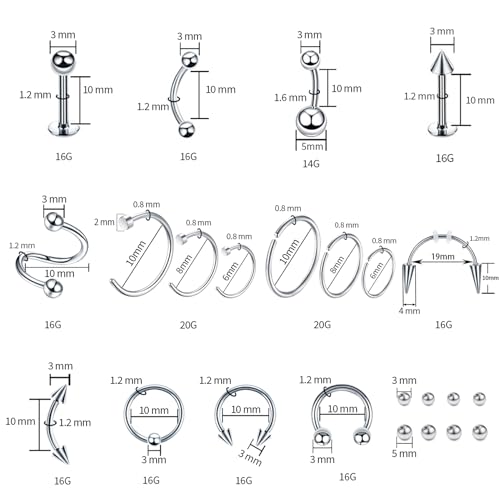 94PCS Mixed-pack Piercing Kits for All Body Piercings Stainless Steel 14G 16G 20G Jewelry and Needle with Tools Nose Septum Lip Ear Belly Button Cartilage Tragus