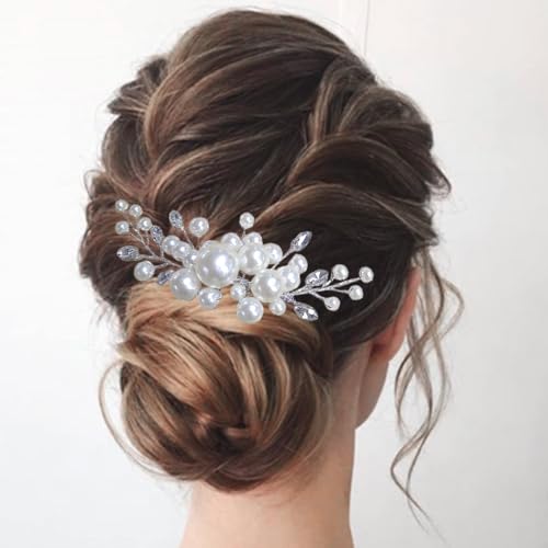 Evild Pearl Hair Accessories Wedding Bride Hair Comb Bridal Hair Pieces for Women (Silver)