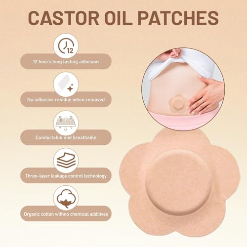 50 PCS Castor Oil Patches, Castor Oil Belly Button Patch, Disposable Organic Cotton Self-Adhesive Pads, Anti Leakage Design, Breathable & Portable, No Wash (Flowers, Beige)