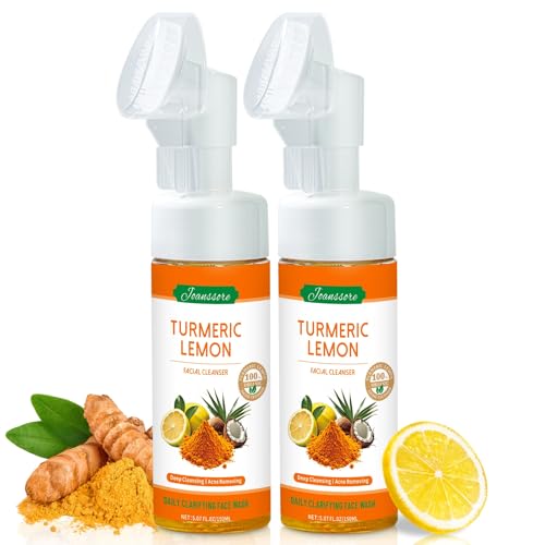 2 Pack Turmeric Lemon Face Wash with Brush, Vitamin C Foaming Facial Cleanser, Turmeric Soap Lemon Soap Deep Clean with Coconut Oil, Foaming Facial Cleanser for All Skin, 150g/5.07 FL Oz x2