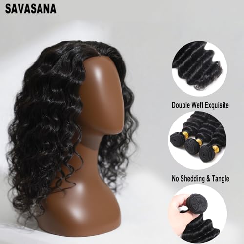 Savasana 12A Human Hair Bundles 20 22 24 Inch 3 Deep Wave Bundles, 100% Unprocessed Brazilian Virgin Human Hair Raw Hair Quick Weave Installation Real Human Hair for Women Natural Black