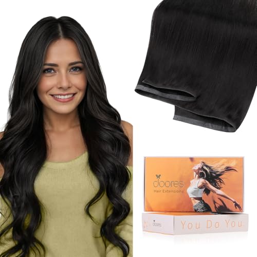 DOORES Butterfly Weft Hair Extensions Human Hair, Natural Black 20 Inch 100g, Double Weft PU Extensions with Micro Beads Invisible Seamless
