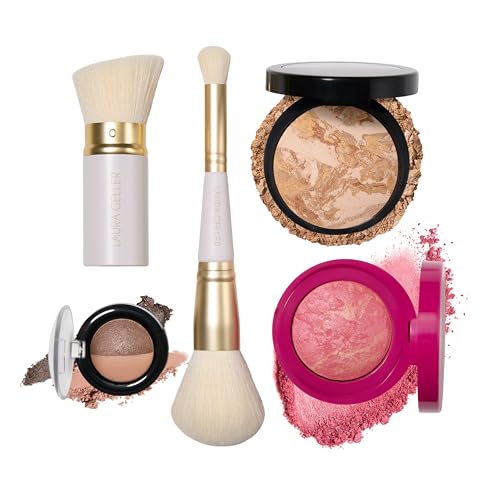 LAURA GELLER NEW YORK Holiday Daily Routine Kit | Medium | Limited Edition Makeup Set | Includes Baked Foundation for Mature Skin, Exclusive Blush, Eyeshadow, Retractable Kabuki Brush