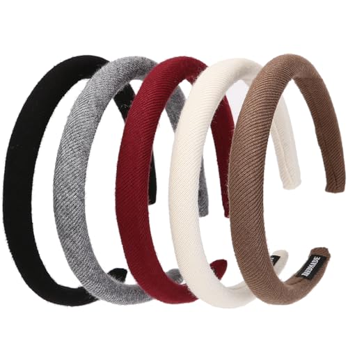 5 Pcs Padded Headbands for Women 0.7" Fashion Headbands Solid Headband with Sponge Fabric Hair Band Set Puffy Headbands Hair Accessories for Women Girls (5-PACK B, One Size)