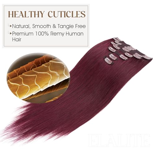 Elailite Clip in Hair Extensions Real Human Hair Double Weft Thick 8pcs Weft Burgundy 20 Inch 150g Remy Hairpieces Balayage Full Head Straight for Women