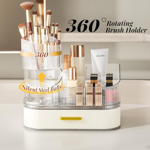 Delamu Makeup Organizer for Vanity with Stackable Drawers, 360 Rotating Makeup Brush Holder Large Cosmetic Display Case for Dresser, Bathroom Countertop Skincare Organizers and Storage, Elegant White