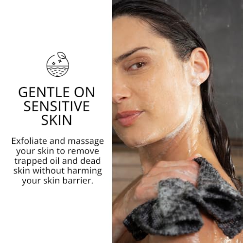 Exfoliating Washcloth Face & Body Scrub Towel - Japanese Exfoliating Towel with Hexagon Fibers, Body Scrubber with 2 Sides for Scrubbing & Washing, Extra Long Body Towel (Black)