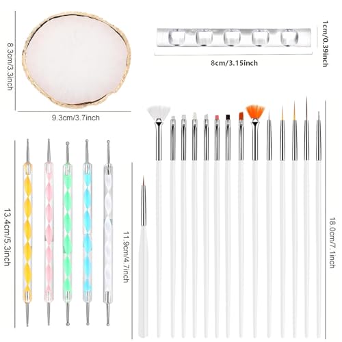 Nail Art Brush 22 Piece Set, 2 Way Acrylic Silicone Engraving Pen Dotting Pen Tools Nail Art Kit, Resin Nail Art Palette, For Nail Art DIY Home Salon Makeup Display Board (White)