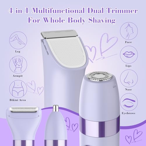 Hatteker 4-in-1 Women's Electric Razor, Dual-Head Body Hair Trimmer for Women, IPX7 Waterproof Rechargeable Bikini Trimmer & Facial Hair Remover for Legs, Armpits, Face, Nose, Eyebrows, Purple