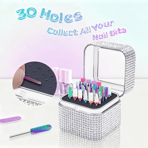 Nail Drill Bit Holder, Dustproof Rhinestones Drill Bit Organizer Case 30 Holes Efile Nail Tech Bits Storage Container Box Manicure Tools E file Accessories Collector for Salon, Travel, Home(Only Box)