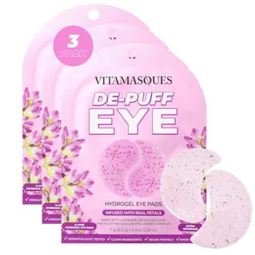 Vitamasques De-Puff Hydrogel Eye Pads with Lavender & Vegan Collagen, Under Eye Mask, Birthday Gifts For Women, Reduce Dark Circles, Puffy Eyes, Undereye Bags, Wrinkles - Under Eye Patches (Pack of 3)