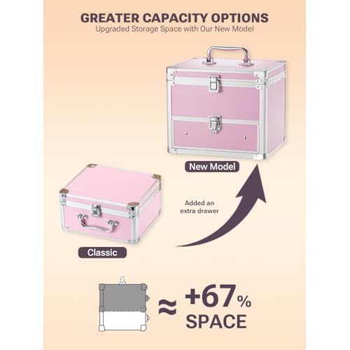 Qislee Makeup Box with A Detachable Lighted Mirror, Waterproof Travel Train Case, Cosmetic Organizer and Makeup Suitcase with Adjustable Dividers, Magnetic LED Mirror(Icy Pink)