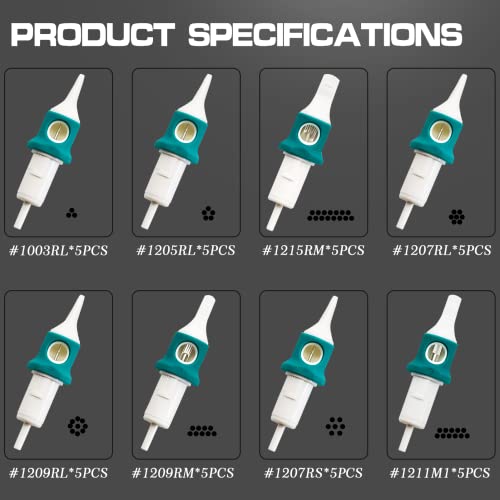 Tattoo Cartridge Needles 40Pcs Disposable Standard Tattoo Needles Kit Mixed Size Tattoo Cartridges with Membrane and Finger Ledge 1003RL 1205RL 1207RL 1209RL 1207RS 1209RM 1215RM 1211M1