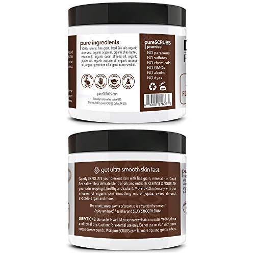 pureSCRUBS Premium Coconut Body Scrub Set - Large 16oz Dead Sea Salt Body Scrub With Infused Essential Oils & Nutrients, Includes Wooden Spoon, Loofah & Oatmeal Exfoliating Bar Soap