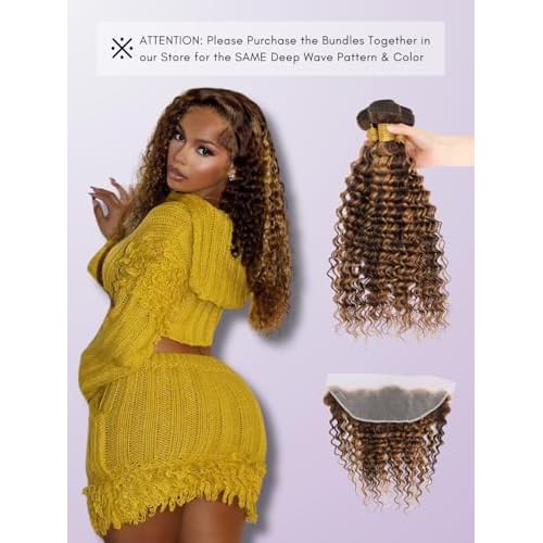Honey Blonde Highlight Deep Wave 13x4 Lace Frontal Closure Only Human Hair 20In, 12A Virgin 100% Hand Tied Ear to Ear Ombre Brown HD Transparent Frontal Pre Plucked P4/27 Curly Lace Frontal Remy