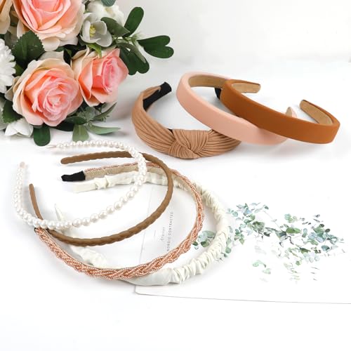 7 Pcs Headbands for Women Non Slip Headband Brown Knotted Headband for Women Pearl Headbands Different Fashion Headbands Hair Accessories