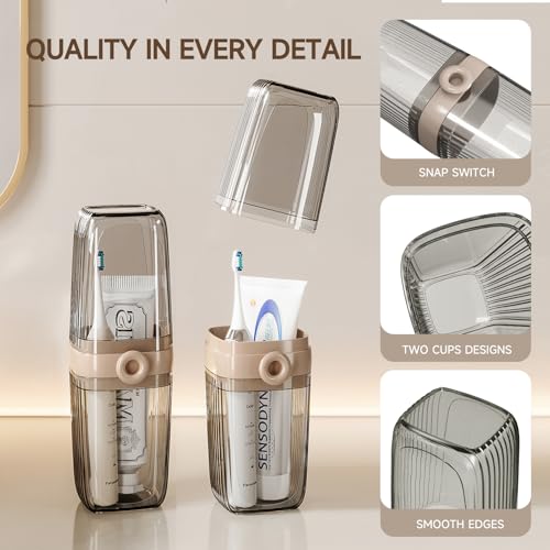 Toothbrush Travel Case, 2 in 1 Toothbrush Holder and Rinse Cup, Large Capacity Toothbrush Cup with Cover, Portable Travel Toothbrush Holder for Traveling, Camping, Trip - 1Pcs - Beige&Clear