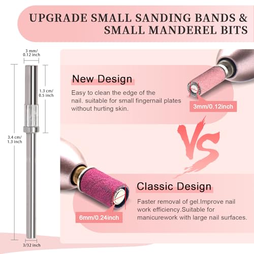 BLESWIN 200Pcs 3mm Small Sanding Bands with 2Pcs Small Mandrel Bit for Nail Drill, Upgrade Mini Nail Sanding Bands for Acrylic Nails Gel Removing Shaping, Manicure Nail Salon Use (240#Pink+180#White)