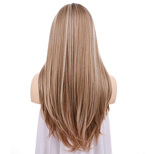Onedor 24 Inch Fiber Straight Lace Front Wig - Glueless Side Part Dark Root Wigs for Women (Dark Natural Blonde Blended & Pale Golden Blonde with Dark Roots-OT8/386/624)