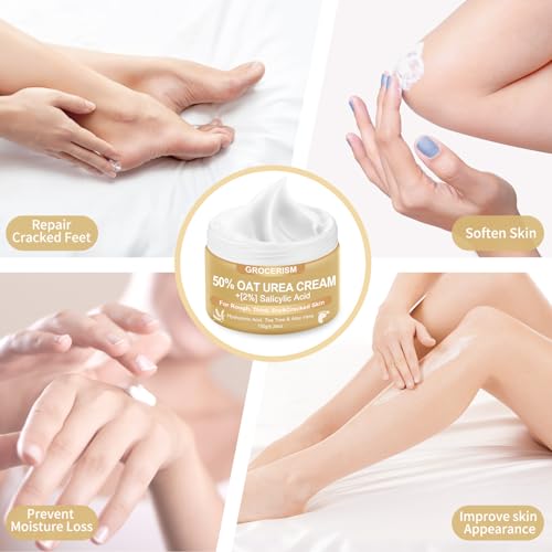 Urea Cream 50 Percent for Feet Maximum Strength 5.29 oz with Oat and 2% Salicylic Acid, Foot & Hand Cream included Hyaluronic Acid, Tea Tree and Aloe Vera for Deep Moisturizing, Callus Removing