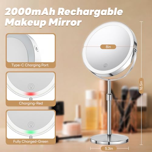 10x/1x Lighted Vanity Makeup Mirror, 2000mAh Rechargeable Height Adjustable Double Sided, Magnifying Mirror with 3 Color Light, Brightness Adjustable, 360¡Æ Rotation, Women Gift