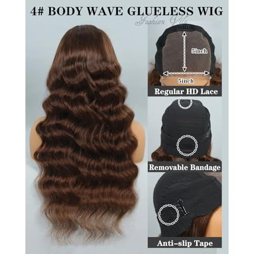 5X5 Chocolate Brown Glueless Wigs Human Hair Pre Plucked Pre Cut 28 Inch 5x5 Wear and Go Glueless Wig Body Wave Reglular HD Lace Closure Wigs 4# Chocolate Brown Lace Front Wig Human Hair