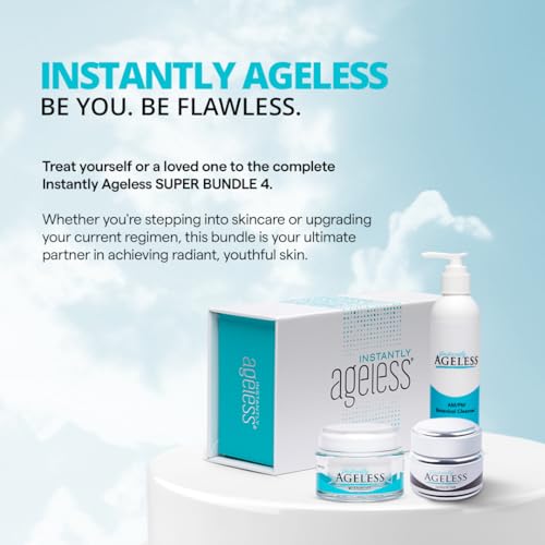 Instantly Ageless SUPER BUNDLE 4 - Instant Face Lift Cream In A Box 25 Vials, Moisture Lift Face Moisturizer, Sands Of Time Facial Scrub, Botanical Cleanser Skin Care Set for All Skin Type