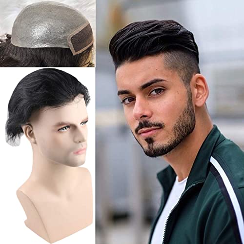 Toupee for Men 100% European Human Hair Swiss Lace Front Natural Hairline Hair Pieces 0.08mm Thin Skin PU V-looped Men's Hair Replacement System 8x10 Inches 1B Off Black Color