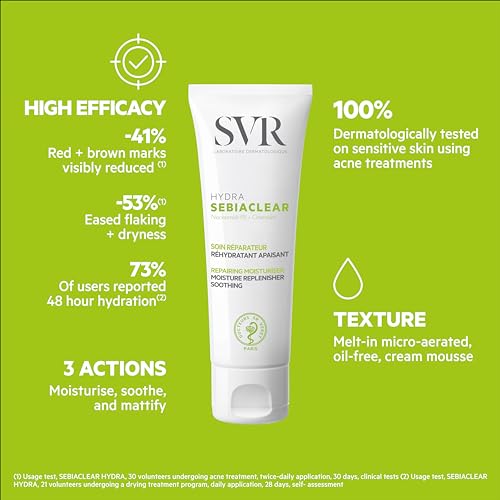 SVR Sebiaclear Moisturizing Face Cream - Soothing Moisturizer, Reduces the appearance of marks, with Niacinamide, Hyaluronic Acid and Ceramides for Oily Sensitive Skin, Non-Comedogenic. 1.4 oz.