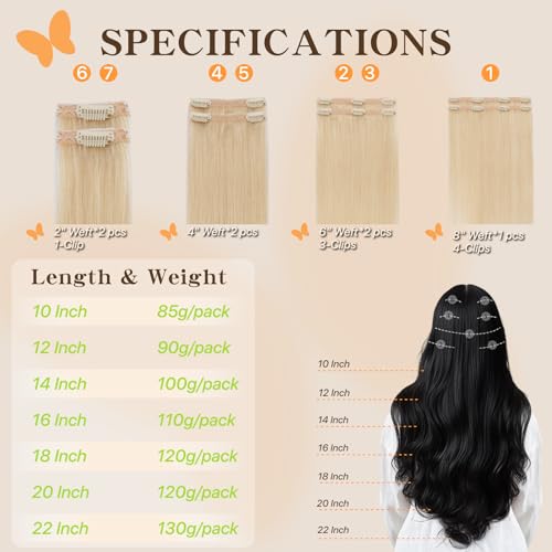 Clip in Hair Extensions Long Straight, 100% Real Human Hair,No Tangle & Smooth,130g, 22 Inch#60 Platinum Blonde