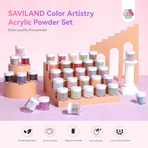 SAVILAND Color Artistry Acrylic Powder Set 36 Colors: Creative Palette Keratin Acrylic Nail Powder Pink Nude Yellow White Nail Powders Kit For Extension Carving DIY Manicure 10g