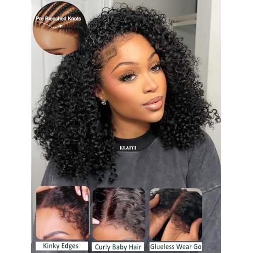 KLAIYI Kinky Edges Curly Bye Bye Knots Glueless Wig 7x5 Pre Cut Lace Front Wigs Human Hair Pre Bleached Pre Plucked 30 Easy to Wear and Go 4C Deep Wave Ready to Wear Wig with Curly Baby Hair 20Inch